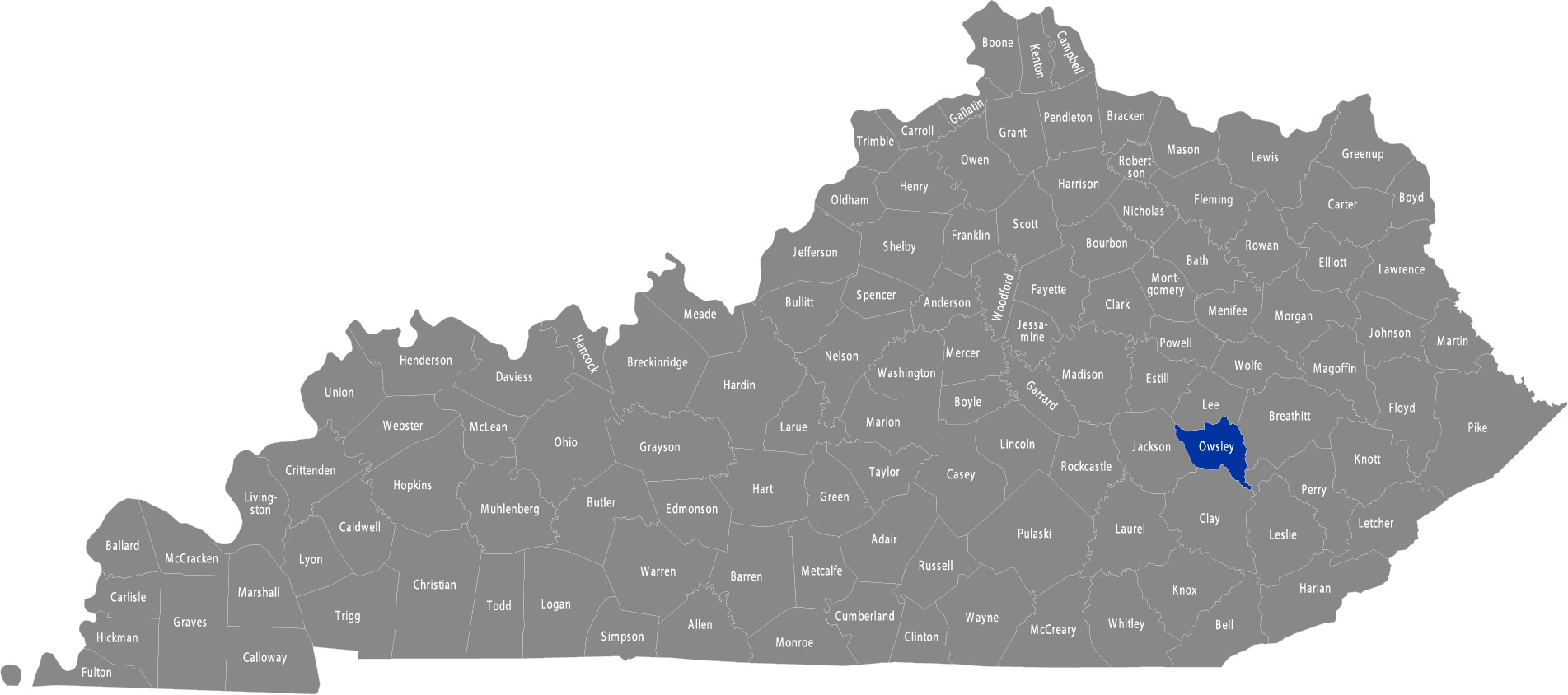 State of Kentucky map with Owsley County highlighted